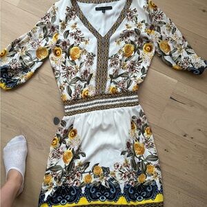 White House Black Market Yellow and White Floral Long Sleeve Dress